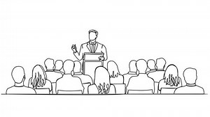animated continuous single line drawing of keynote speaker and audience at business conference, line art animation