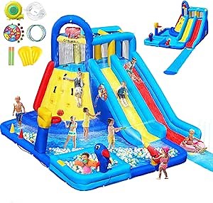 Water Bounce House Double Slide for Kids 3-10, Extra Large Inflatable Bouncy Castle with Long Water Slide, 550W Air Blower Ball Pit Swim Pool Climbing, Bouncy House for Party Birthday Event