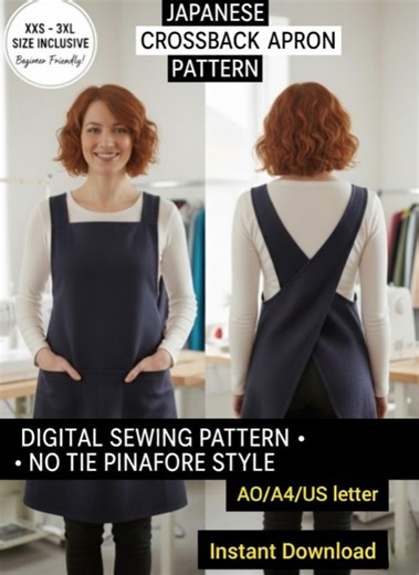 Japanese Crossback Apron Pattern | No-tie Pinafore Sewing (digital Download) - Etsy