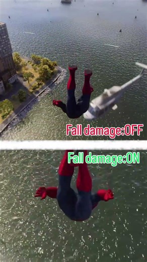 Fall damage:On v/s Off in Marvel’s Spider-Man 2| #spiderman #spidermanmode #spiderman2ps5 #marvel
