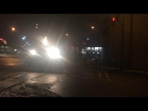 GEXR in Waterloo at night crossing Caroline & Erb streets during LRT construction, Dec 2015