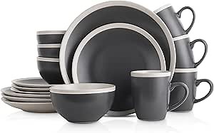 Amazon.com | Stone Lain Serenity Stoneware, Service for 4, Plates and Bowls Sets, Dark Gray and Cream Dinnerware, Dishwasher & Microwave Safe, 16-Piece: Dinnerware Sets