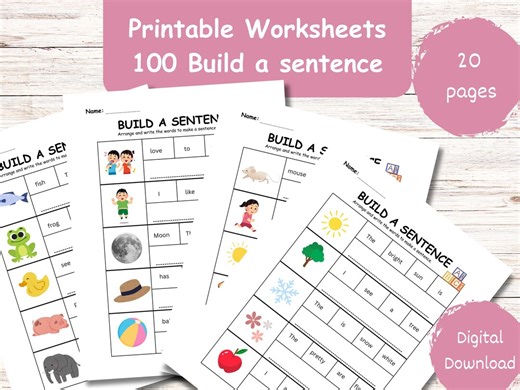 100 fiches d'exercices de construction de phrases, activité d'écriture de phrases à imprimer, fiche d'exercices d'anglais langue seconde pour les élèves de maternelle, CP et CE1, pratique de l'anglais - Etsy France