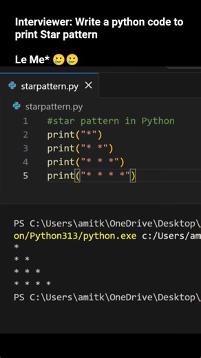 Star Pattern in Python 🙂🥲😂 #coding #shorts