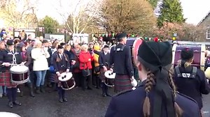 A performance of "Highland Cathedral" by The Vale of Atholl Pipe Band on Atholl Road during the 2020 Pitlochry New Year Street Party on 1st January. Pitlochry Perthshire Scotland . | Scotland Online