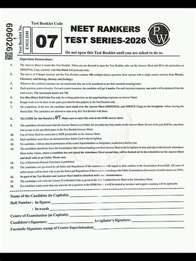 NEET Rankers Test Series 2026 | PW Test Booklet Code 7 Full Instructions & Guidelines