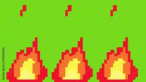 illustration of 2d retro pixel fire with isolated green screen transparent background