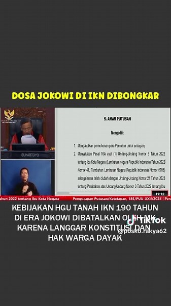 KEBIJAKAN HGU TANAH IKN 19O TAHUN ERA JOKOWI DIBATALKAN MK Mahkamah Konstitusi membatalkan ketentuan dalam Undang-Undang Ibu Kota Negara (IKN) yang mengatur masa Hak Guna Usaha (HGU) di wilayah IKN bisa mencapai hingga 190 tahun. Putusan tersebut tertuang dalam perkara Nomor 185/PUU-XXII/2024 yang menguji Pasal 16A Undang-Undang Nomor 21 Tahun 2023 tentang Perubahan atas UU Nomor 3 Tahun 2022 tentang IKN. Dalam sidang pleno yang berlangsung pada Kamis, 13 November 2025, MK mengabulkan sebagian p