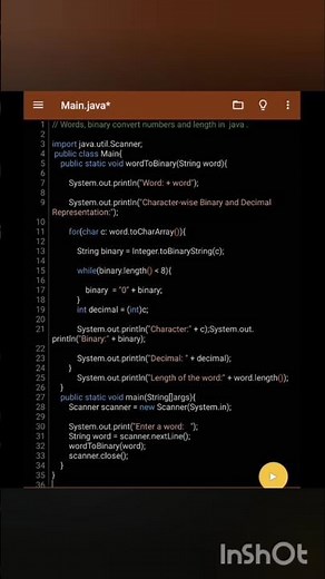 Words, binary convert numbers and length in java. #javaprogramming #java #coder #code #coding #js #c
