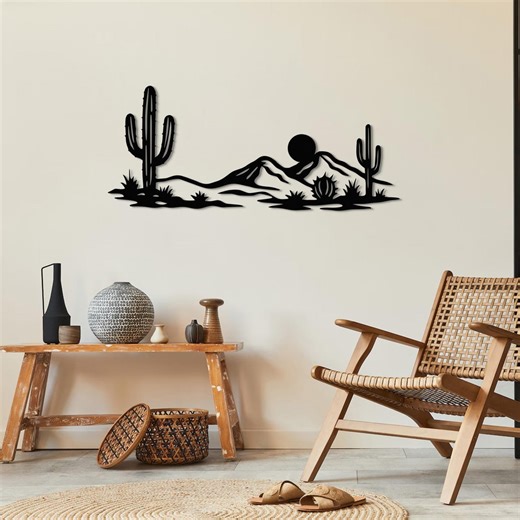 Desert Metal Wall Art, Cactus Landscape Design, Modern Horizontal Black Metal Wall Decor, Minimal Nature Metal Art - Etsy