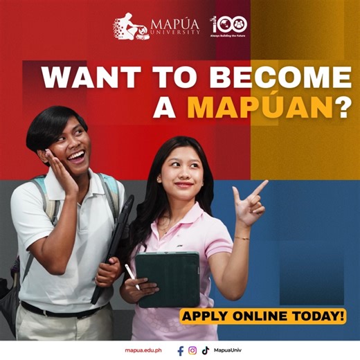 YOUR MAPÚA JOURNEY STARTS WITH JUST A FEW CLICKS! Applying to Mapúa has never been easier! With our fully online process for A.Y. 2026-2027, you can submit your application anytime, anywhere, in just a few simple steps. Get closer to world-class learning and exciting opportunities in no time. 🌍💻 | Mapúa University