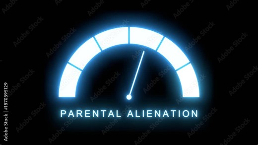 Neon glowing parental alienation meter showing big risk levels. Dangerously increasing values, critical overload. Too much, off the charts. Abstract meter scale with arrow. Social and justice concept.