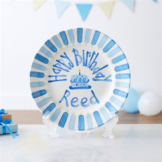 Personalized Birthday Plate : Blue Stripe Cake Design , Hand Painted Ceramic , Boys Birthday Gift | B032 - Etsy