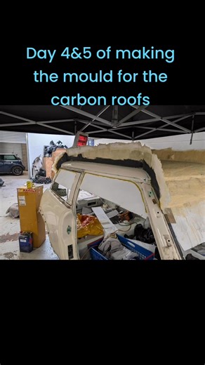 Day 4&5 of making the mould for the full vacuum formed carbon roof for the gen1 mini! That’s the final 2 pieces made up and resin laid down. Next up drill the location and bolting holts and we can pop each part! We’ll be sure to film that as it’s the most satisfying part! #carbonmini #carbonfiber #lightweightmini | 611 Motorsport