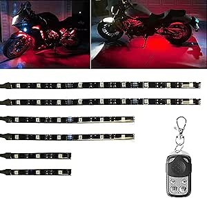 6Pcs Motorcycle LED Light Kit Strips 12V Waterproof Wireless RF Remote LED Underglow Atmosphere Lighting(Red Solid Color)