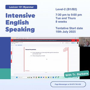 🔥 Ready to Speak English Like a Pro? Join Tr. Barbara’s Intensive Speaking Course! 🔥 Tr. Barbara is one of our most experienced teachers, with expertise across various specializations. Now, she’s back to offer an amazing learning experience to all of you. Book now for her B1/B2 level Intensive Speaking course at the early bird rate of 126,000 MMK for two full months. ✅️ Intensive Speaking (B1/B2) 07:30 pm to 09:00 pm Tue and Thurs 8 weeks Tentative Start date 10th July 2025 Hurry! This special