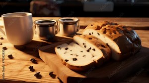 A loaf of bread with raisins on top sits on a wooden cutting board next to a mug