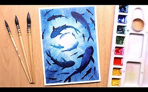 海洋中水下的鱼群--水彩插画教程