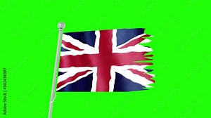 Flag United Kingdom chroma key. Flagpole. Flag on green background 4k, full HD. A ragged flag fluttershy in the wind on the flagpole. Background, chromakey