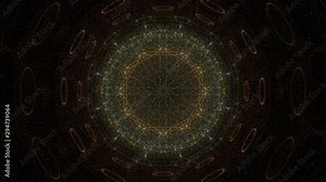 Circular mandala pattern of small particles moves slowly then fades to black