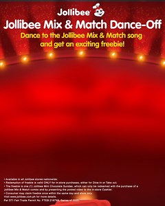 Mix, match, and move! Join the Jollibee Mix & Match Dance-Off from March 10 to 17, 2025, between 1 PM and 5 PM, and get an exciting surprise! 💃🕺🎶 Record yourself dancing to the Mix & Match song, post it publicly with #JollibeeMixandMatch, and tag us. Visit any Jollibee store and show your video when you order a Mix & Match combo to claim a jolly reward! 🍦 Available in all Jollibee stores nationwide. Valid for dine-in and take out transactions only. For more details, visit https://www.jollibe