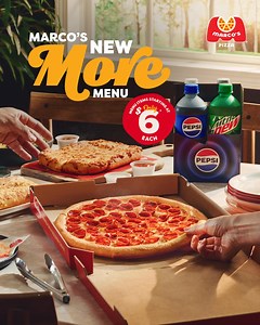 Spend $7.99 or more and get more sides, more desserts and more pizza with Marco’s NEW More Menu. That’s a whole lotta more. *Use code MOREMENU. Valid on the Marco's More Menu only. For a limited time at participating stores. Delivery minimum & fee may apply. Other restrictions may apply - see marcos.com for details. PEPSI and the Pepsi Globe are registered trademarks of PepsiCo, Inc. All Rights Reserved. | Marco's Pizza | Facebook