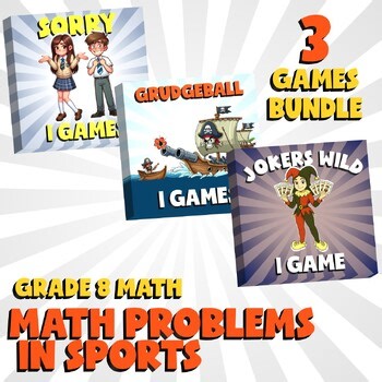 3 No Prep Math Games Bundle C - Math Problems in Sports - Gr 8 Review Activity