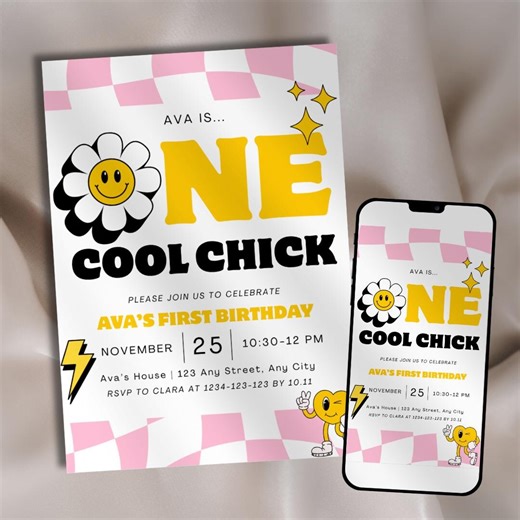 First Birthday Invitation Template Retro One Cool Happy Chick Editable Kids Digital Invite (instant Download) - Etsy