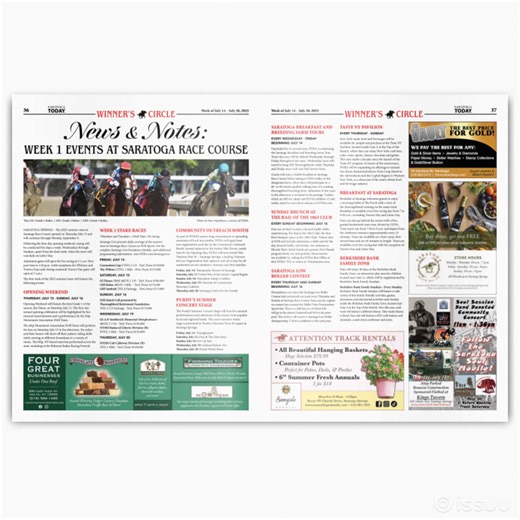 In this Issue! And They're OFF! History of Saratoga: Home Front Memories; Slalom Course, Skills Area, Adventure & Jump Zone Coming to Saratoga Springs; 21st Century Clinic Opens on Backstretch; The Saratoga Lake Protection and Improvement District Initiatives; Saratoga History Center Presents Five Historian's Tours, and more local news! | Saratoga TODAY Newspaper