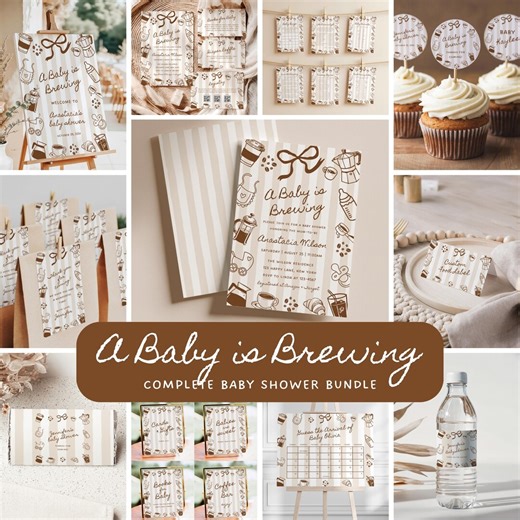 A Baby is Brewing Baby Shower Bundle, Editable Invitation Set, Baby Shower Games, Welcome Sign, Favor Tag, Coffee Bar Sign, Food Label BS111 - Etsy