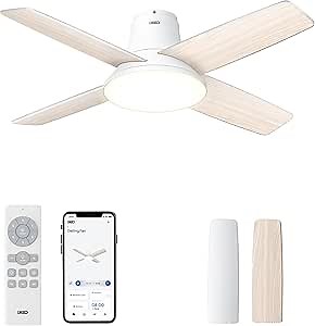 Dreo Ceiling Fans with Lights, 12 Speeds & 3 Fan Modes, Quiet DC Motor, Low Profile Easy to Install, Flush Mount Smart Ceiling Fan with Dimmable LED, 12H Timer for Bedroom, Remote, White, 44''