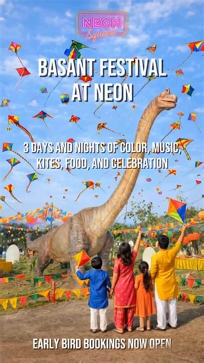 Neon Basant Festival is here For booking & details visit: NeonSquare.pk/buy A three day and night celebration of spring at Neon Three thoughtfully planned zones for everyone VIP Kite Flying Zone Private enclosures designed for groups with comfort and the ultimate premium experience Festival Zone Basant themed music food options and all Neon activities running throughout the day and night Free Zone: Plain ground outside Neon for general public. Only Rs 100 registration required. A well planned Ba