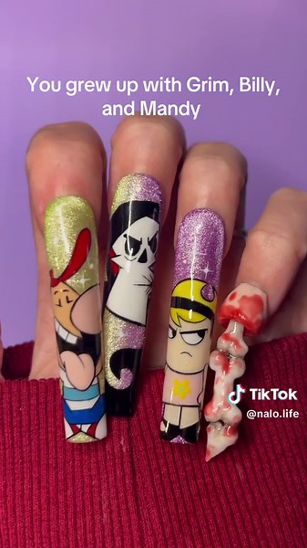 When Grim, Billy, and Mandy raised you. Using @SHOP NAILZ BY DEV bone finger tutorial and gels #grimadventures #halloween #halloweennails #cartoonnails #nailart #specialfx #nailinspo #sfxnails #manicure #3dnails
