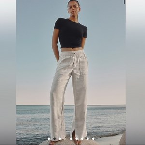 Athleta Retreat Linen High Rise Wide Leg Pant Undyed, Size Large
