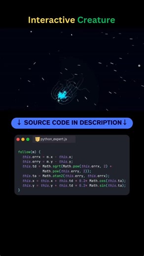 Python Expert🧑‍💻🎉 on Instagram: "Interactive Creature 🐙✨ Mouse-following creature using canvas JS Math.sin(angle) * radius, Math.cos(angle) * radius, angle = Math.atan2(dy, dx), array of points for tentacles, requestAnimationFrame loop. Mesmerizing effect practicing polar coordinates, trig path following, and real-time SVG/canvas drawing! interactive creature canvas js sin cos, mouse follow tentacle animation, math atan2 angle radius js, requestanimationframe creature path, polar coordinates