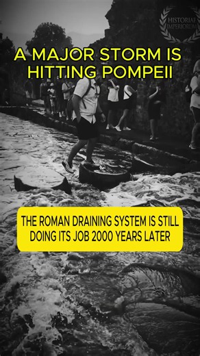 A major storm recently hit Pompeii, covering the ancient streets with rushing water. Yet one detail still stands out: the city was designed with elevated sidewalks, stepping stones and an advanced drainage system that helped manage heavy rainfall nearly 2,000 years ago. The Roman Empire is long gone, but its engineering still leaves people speechless. Roma Aeterna. #Pompeii #AncientRome #RomanEngineering #RomanEmpire #History
