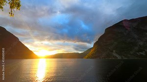 Norway time lapse evening beautiful fjord bay extra wide panorama in summer Europe pan left in HDR, HFR