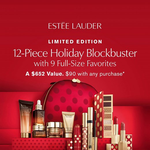 Our 12-Pc Holiday Blockbuster is here! A $652 value. Just $90 with any purchase.* Includes 9 full-size favorites and more. | Estee Lauder