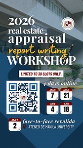 Appraisal Report Writing Workshop 2026 Learn how appraisal reports are prepared in practice, not just in theory. • 4-day online workshop • LMS access • Actual appraisal report output • Optional Revalida at Ateneo de Manila University 📅 March–April 2026 🔴 Limited to 30 slots only Join us this March and complete your own appraisal report by the end of the program, guided by structured instruction and professional standards, with a culminating Face-to-Face Revalida at Ateneo de Manila University.
