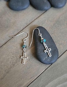 Sterling Silver Cross Dangle Earrings With Genuine Turquoise Beads - Etsy
