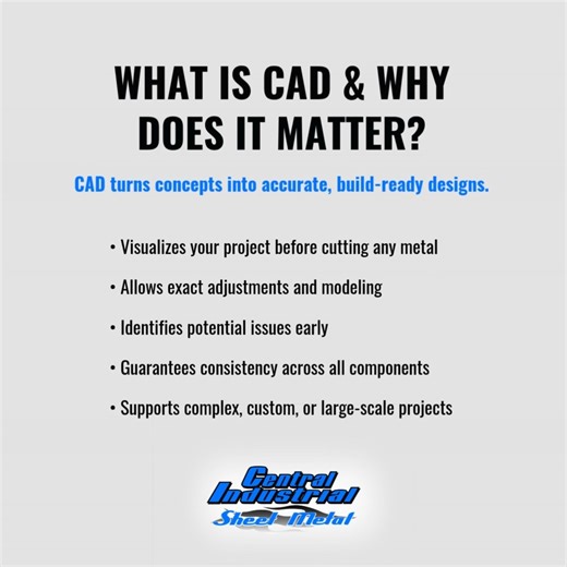 Central Industrial Sheet Metal on Instagram: "𝐖𝐡𝐚𝐭 𝐈𝐬 𝐂𝐀𝐃 & 𝐖𝐡𝐲 𝐃𝐨𝐞𝐬 𝐈𝐭 𝐌𝐚𝐭𝐭𝐞𝐫? Computer-aided drafting is the first step in creating accurate, build-ready designs. With CAD, our engineers can visualize your project, refine details, and model components before any metal is cut. This process helps us identify issues early, ensure consistency across every part, and support even the most complex custom builds. Smart design leads to better fabrication, every time. 𝐖𝐚𝐧𝐭 𝐭