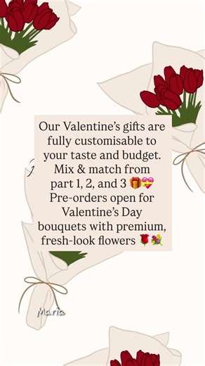 Our Valentine’s gifts are fully customisable to your taste and price range 💝 Mix and match from Part 1, 2, and 3 to create a gift that feels just right. We also offer premium artificial flowers that look just like fresh ones not cheap or overly fake. Pre-orders are now open for Valentine’s Day bouquets as well 🌹💐 #valentinesday #valentinesgift #0324mytest #blushingbooth #fypシ゚