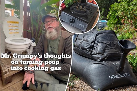 We use our recycled poop to cook food in our tiny off-the-grid shed