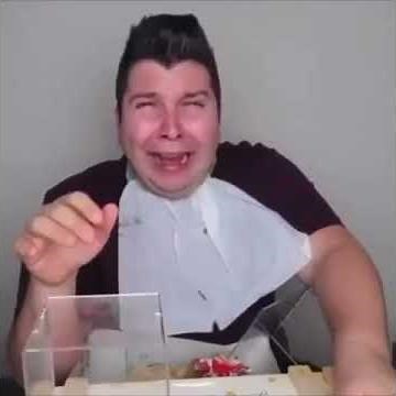 Fat Guy cries over Food falling off Table