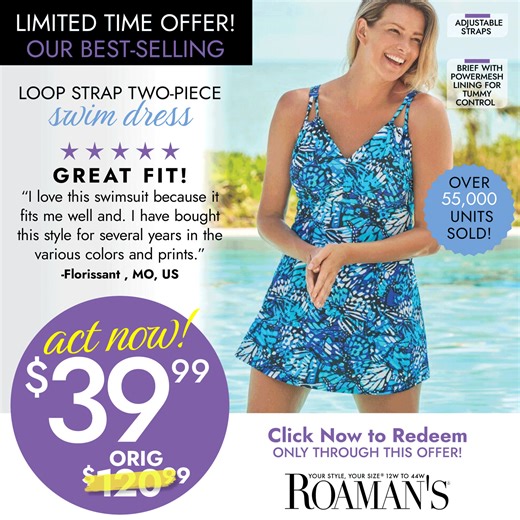 17 reactions | Featuring tummy control and UV protection, make the Loop Strap Two-Piece Swim Dress your summer staple | Roaman's | Facebook