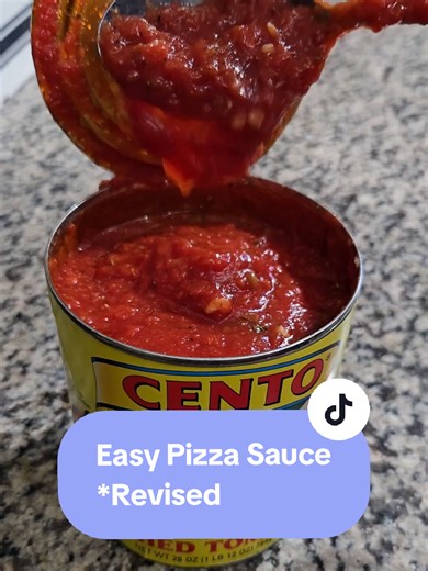Super easy pizza sauce! (Fixed!) More sauce, less money. 😘🤌 This simple recipe is fully customizable for your own preferences! Recipe for my sauce: - 1 28oz can of Cento crushed tomatoes - 2 larger garlic cloves, minced - 1 tbsp dried oregano, crushed between hands - 1 tbsp salt - 1/2 tbsp pepper - 1 tbsp olive oil - I also ended up adding oinion powder and garlic powder to taste off camera. * Add all the ingredients together and mix! * You can add more steps and ingredients if you like, like 