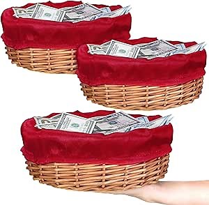 Hushee 3 Pack 9.1 Inch Round Offering Baskets for Church Wicker Offering Basket with Removable Liner Rattan Bowls Wicker Woven Bread Container for Church Receiving Gift(Red Liner)