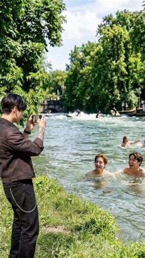 BTS Taehyung & J-Hope JUMP into Munich’s Eisbach River! 🌊🏊‍♂️ #BTSinMunich #kpop #vkookcute
