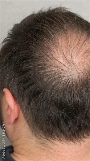 Hair loss cycle and regrowth treatment on adult male scalp from back view, thinning crown pattern on middle age man, hopeful hair regrowth improvement care and treatment cycle