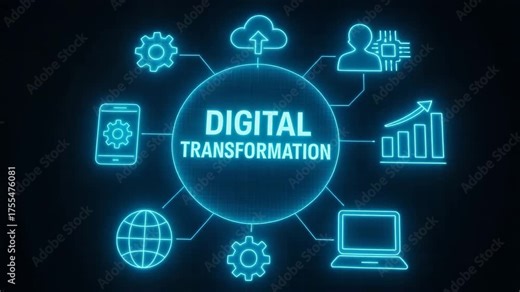 Illustration of digital transformation with interconnected technology icons representing innovation and progress.
